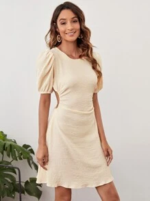 SHEIN VCAY Vestido unicolor de manga farol con cordón de espalda abierta - Albaricoque - Ver 3