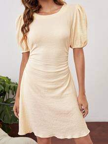 SHEIN VCAY Vestido unicolor de manga farol con cordón de espalda abierta - Albaricoque - Ver 5