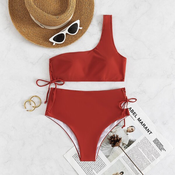 

Solid One Shoulder High Waisted Bikini Swimsuit, Burnt orange