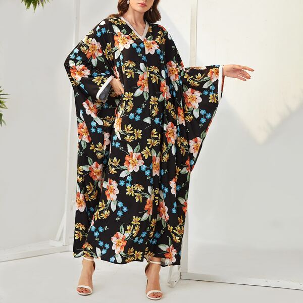 

Floral Print Contrast Binding Batwing Sleeve Kaftan, Multicolor