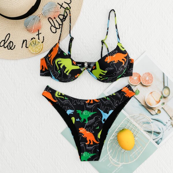 

Dinosaur Print Underwire Bikini Swimsuit, Multicolor