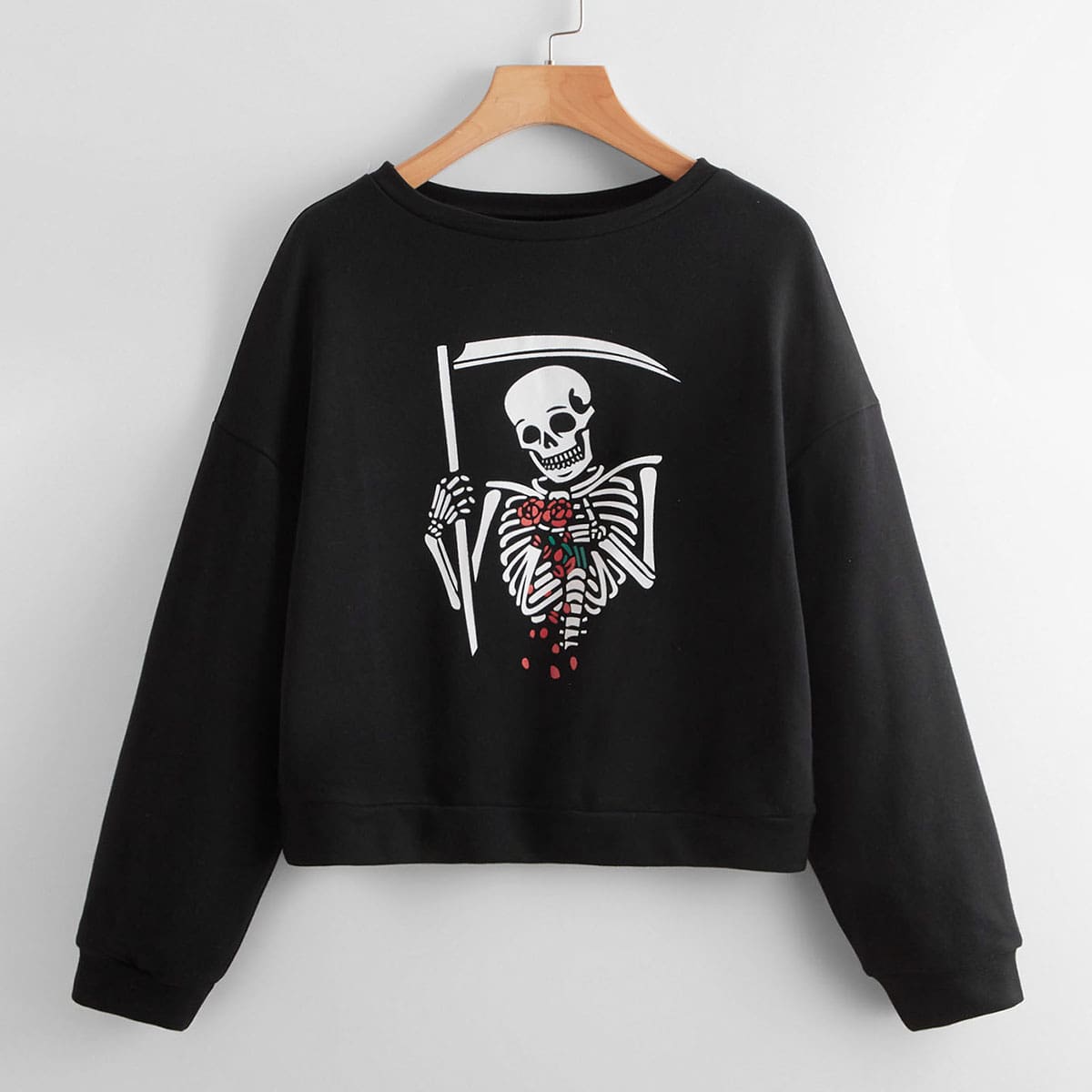 

Skull & Floral Graphic Crop Sweatshirt, Black