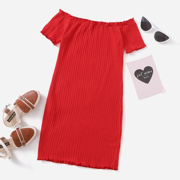 

Girls Ribbed Lettuce-Edge Dress, Red