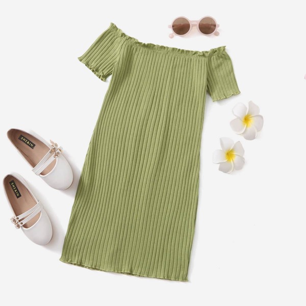 

Girls Ribbed Lettuce-Edge Dress, Olive green