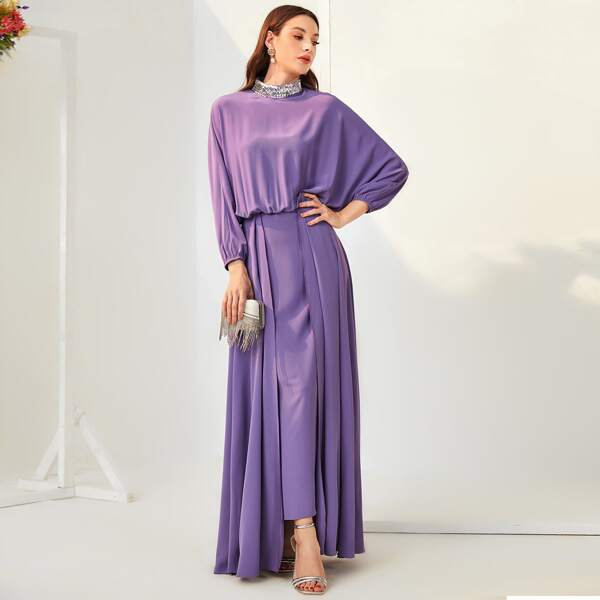 

Платье блестками контрастный с воротником-стойкой с рукавами "летучая мышь" асимметричный, Фиолетовый