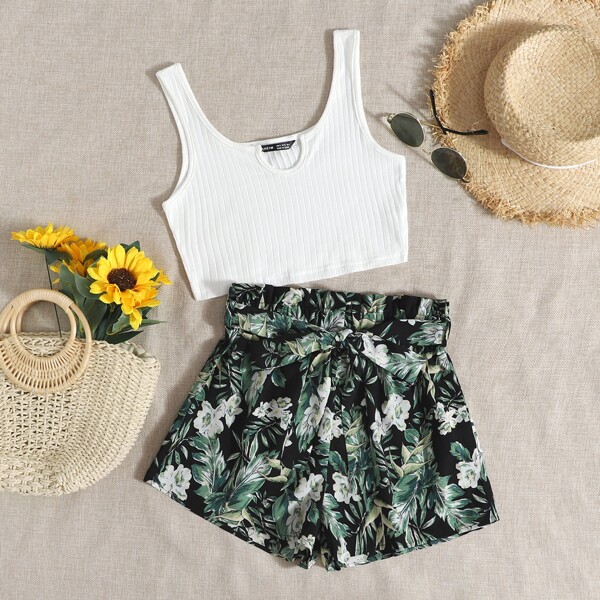 

Notch Neck Rib-knit Crop Tank Top & Tropical Print Shorts Set, Multicolor