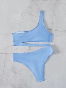 Cut Out One Shoulder Bikini Set, For Summer Beach Vacation - Blue - View 2