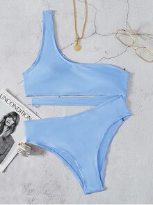 Cut Out One Shoulder Bikini Set, For Summer Beach Vacation - Blue - View 4