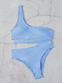 Cut Out One Shoulder Bikini Set, For Summer Beach Vacation - Blue - View 5