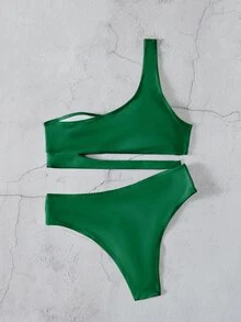 Cut Out One Shoulder Bikini Set, For Summer Beach Vacation - Dark Green - View 2