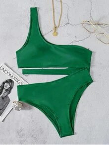 Cut Out One Shoulder Bikini Set, For Summer Beach Vacation - Dark Green - View 4