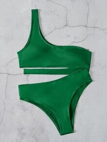Cut Out One Shoulder Bikini Set, For Summer Beach Vacation - Dark Green - View 5