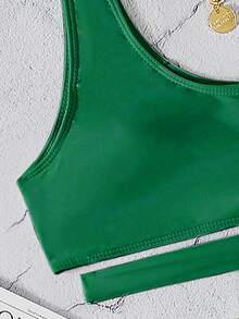 Cut Out One Shoulder Bikini Set, For Summer Beach Vacation - Dark Green - View 6