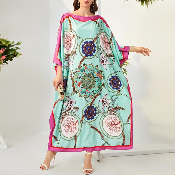 

Chain & Floral Print Batwing Sleeve Kaftan Dress, Multicolor