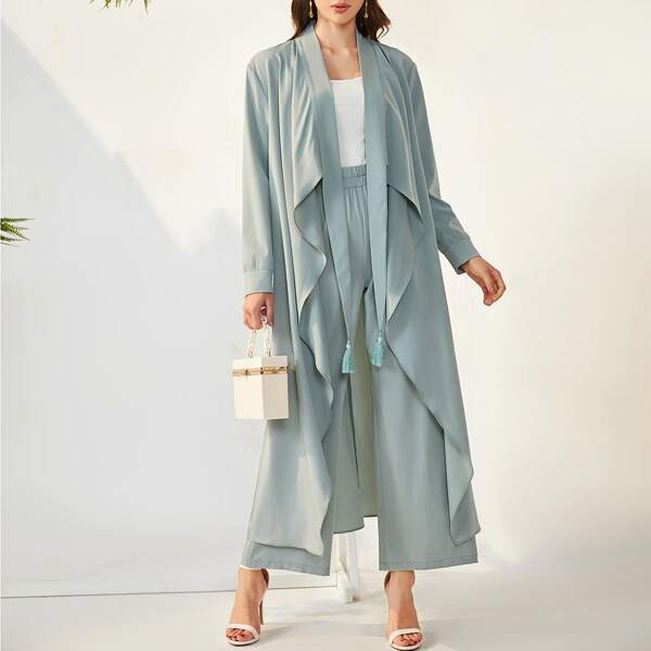 

Ruffle Trim Open Front Tassel Top & Pants Set, Mint green