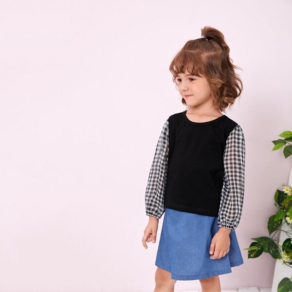 

Toddler Girls Contrast Gingham Sleeve Top & Bow Front Skirt, Multicolor