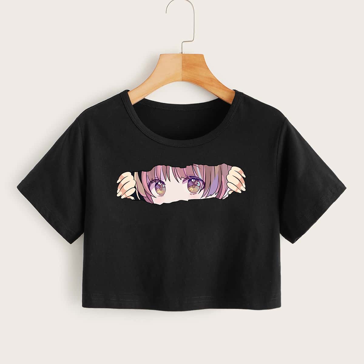 

Cartoon Figure Graphic Crop Tee, Black