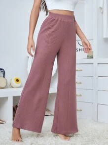 SHEIN Waffle Knit Wide Leg Pants - Dusty Pink - View 3