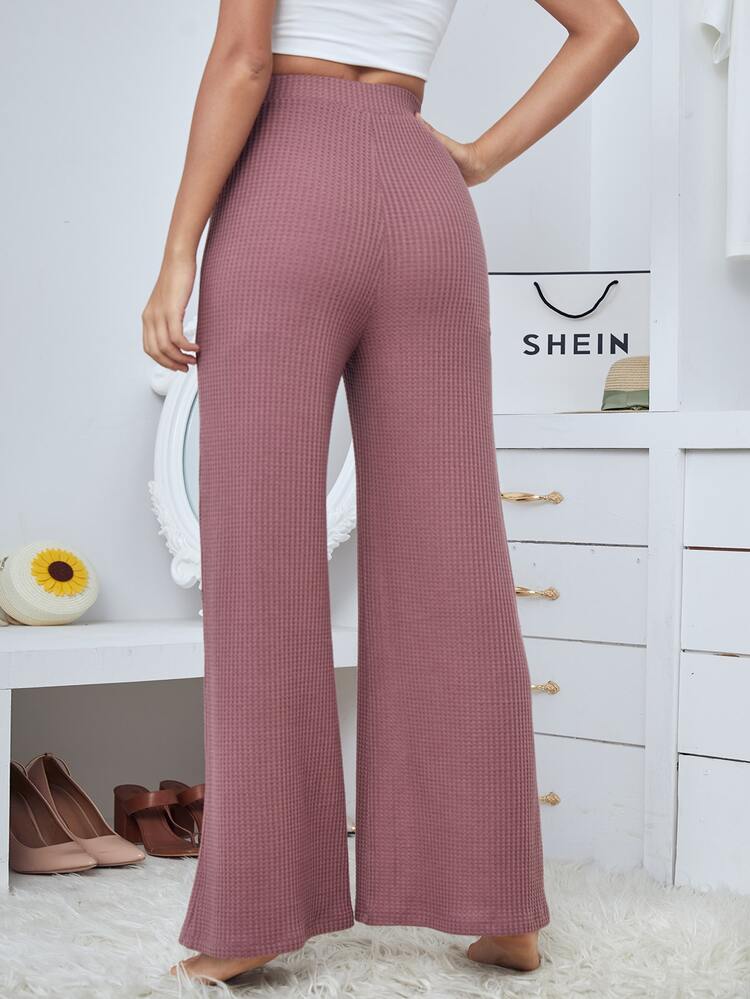 SHEIN Waffle Knit Wide Leg Trousers - Dusty Pink - View 2