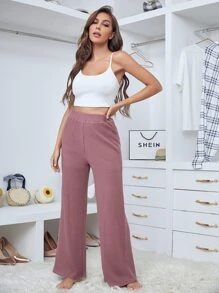 SHEIN Waffle Knit Wide Leg Pants - Dusty Pink - View 4