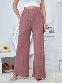 SHEIN Waffle Knit Wide Leg Pants - Dusty Pink - View 1