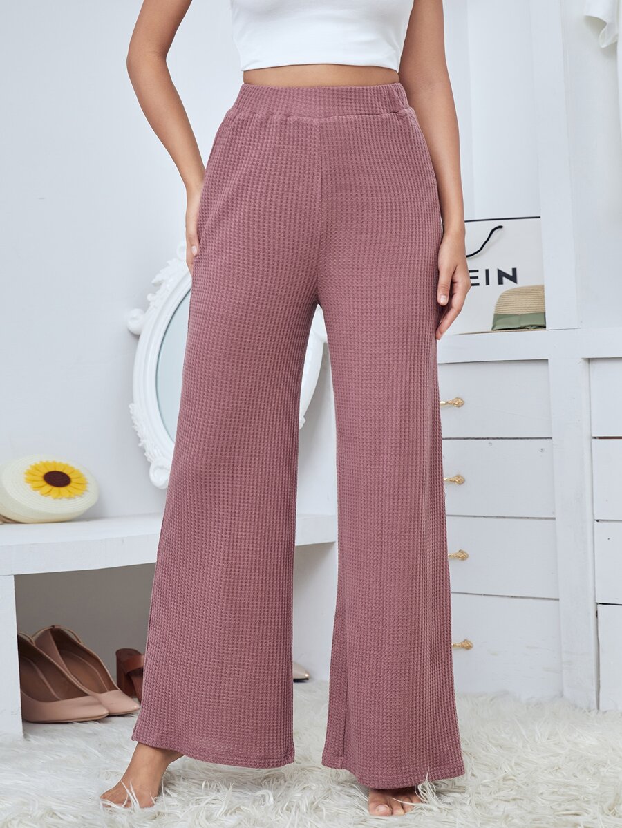 SHEIN Waffle Knit Wide Leg Pants - Dusty Pink - View 1
