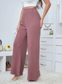 SHEIN Waffle Knit Wide Leg Pants - Dusty Pink - View 5