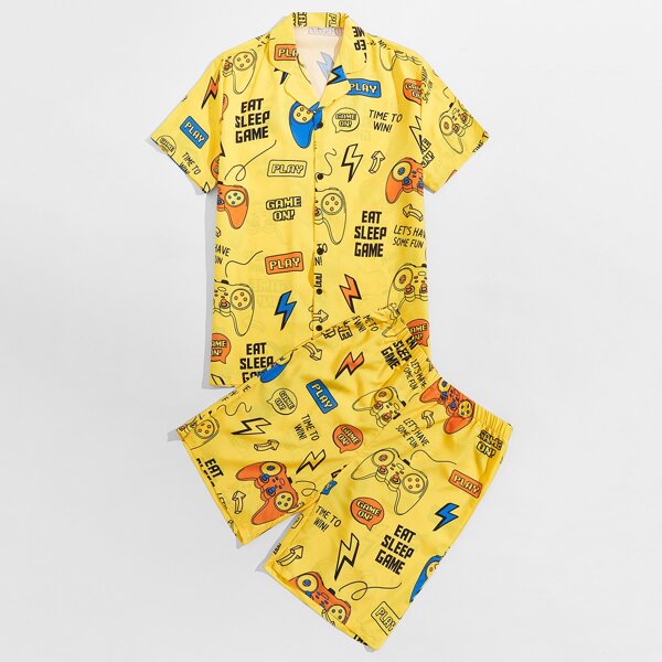 

Men Letter & Cartoon Graphic Shirt & Shorts, Yellow