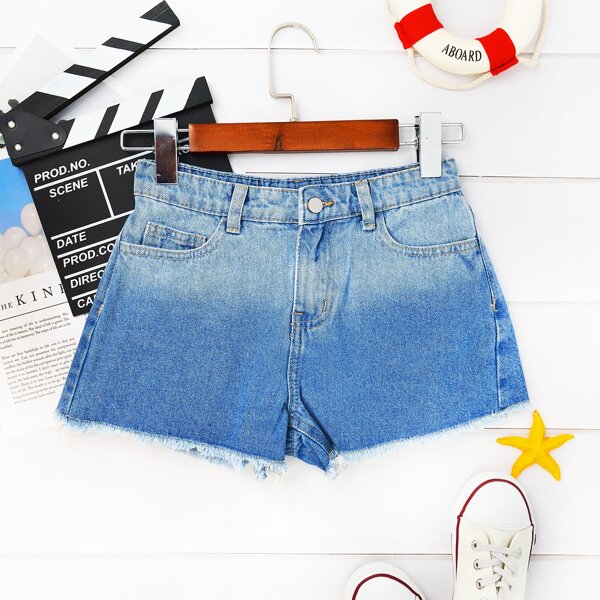 

Girls Ombre Raw Hem Denim Shorts, Medium wash