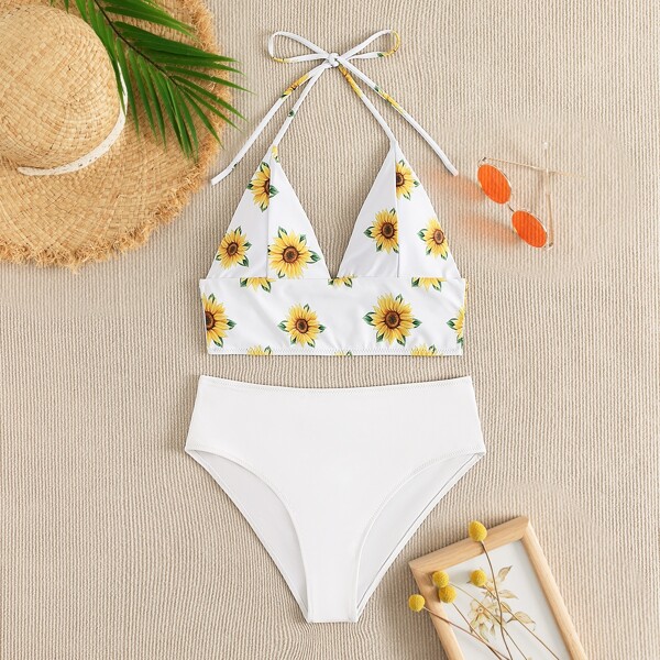 

Sunflower Print High Waisted Bikini Swimsuit, White