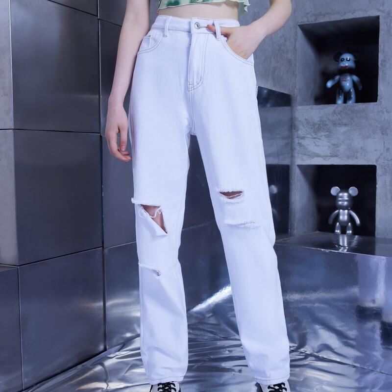 

Ripped Detail Straight Leg Jeans, White