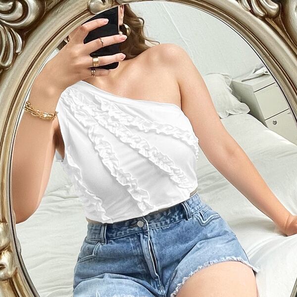 

Plus Solid Frill Trim One Shoulder Crop Top, White