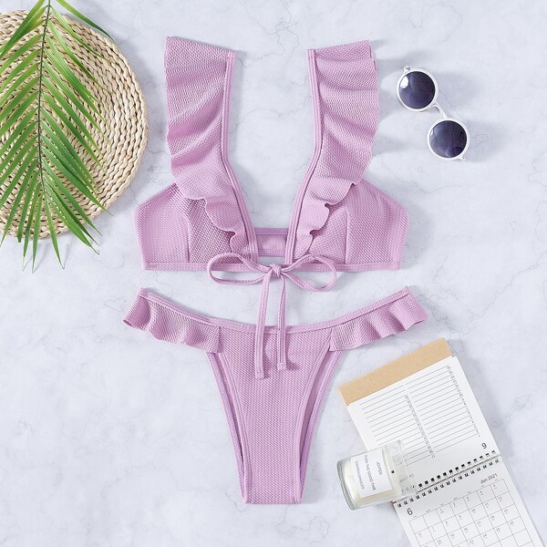 

Ruffle Hem Thong Bikini Swimsuit, Lilac purple