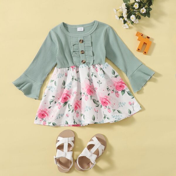 

Baby Girl Floral Spliced Smock Dress, Multicolor
