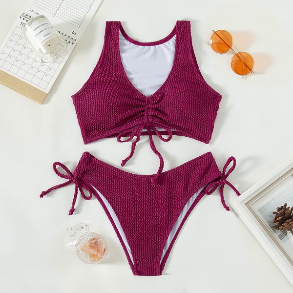 

Solid Smocked Tie Side Bikini Swimsuit, Burgundy