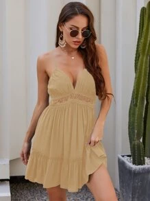 Vestido de tirantes bajo fruncido con encaje - Caqui - Ver 5