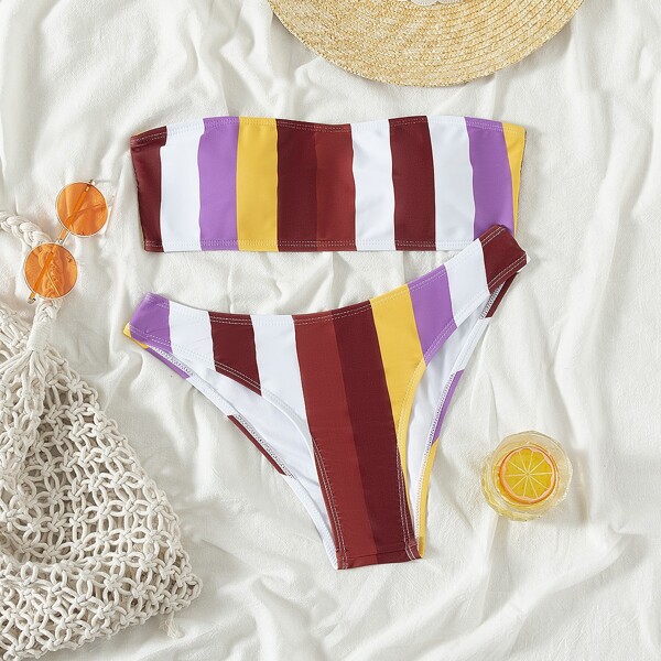 

Striped Bandeau Bikini Swimsuit, Multicolor