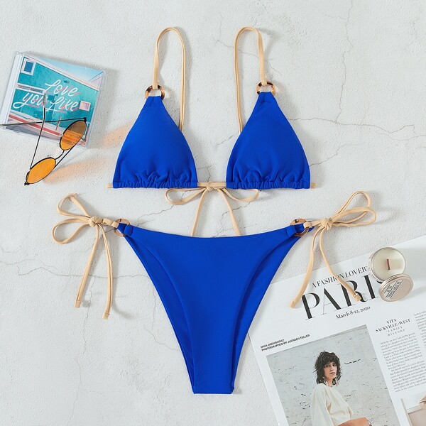

Ring Linked Triangle Tie Side Bikini Swimsuit, Royal blue