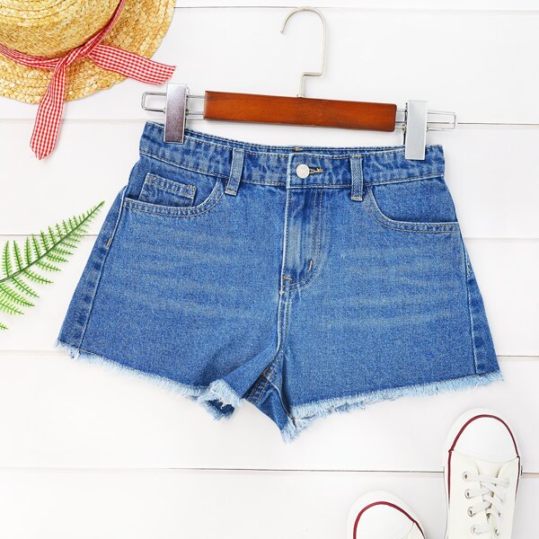 

Girls Solid Raw Hem Denim Shorts, Medium wash