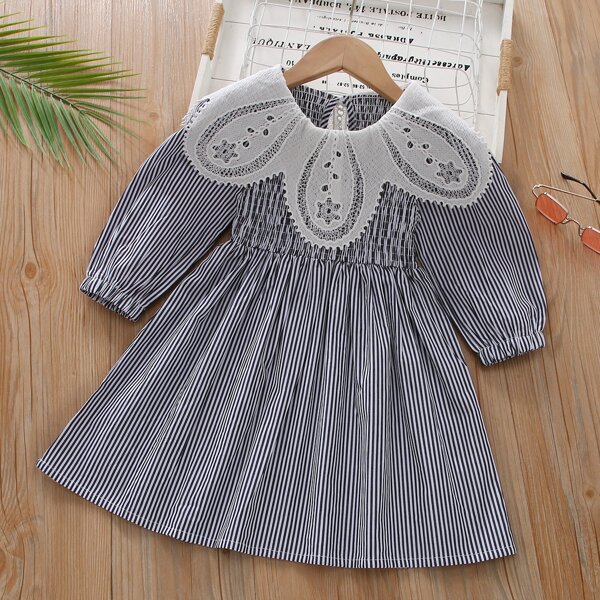 

Toddler Girls Striped Print Contrast Guipure Lace Dress, Black and white