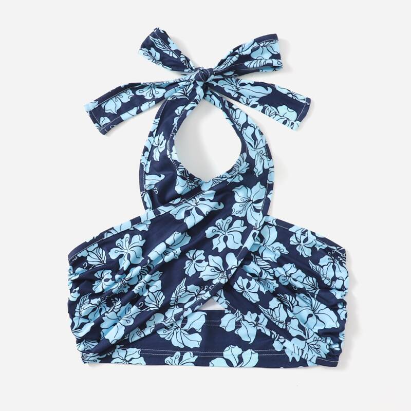 

Floral Print Criss Cross Halter Top, Blue