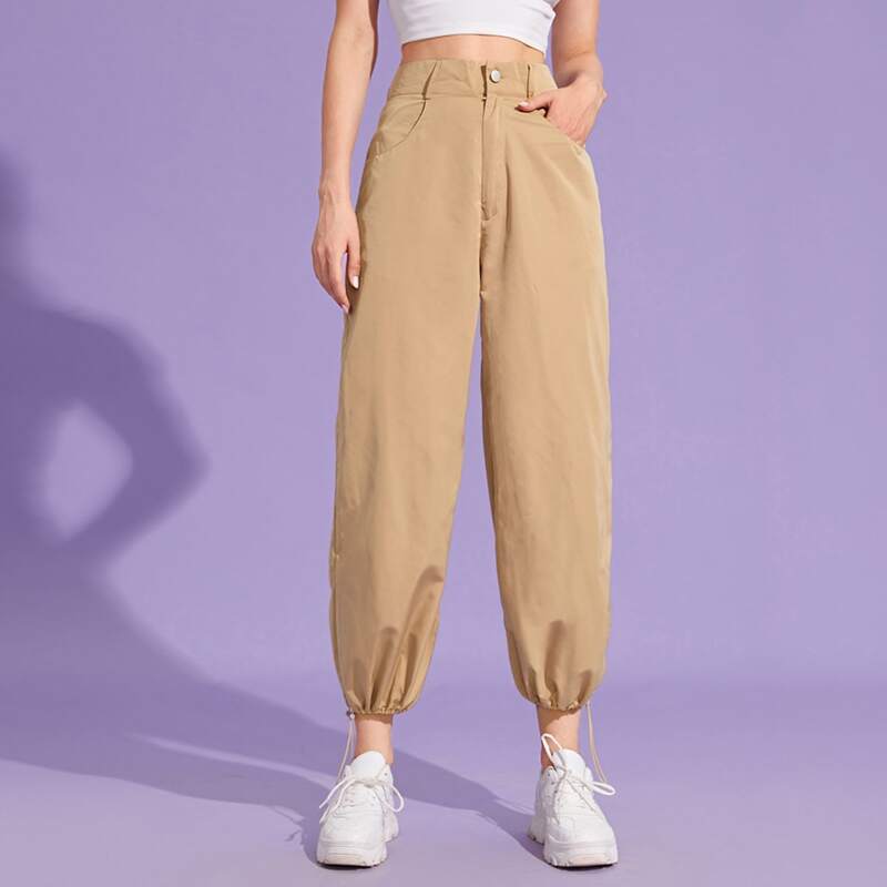 

Solid Button Fly Joggers, Khaki