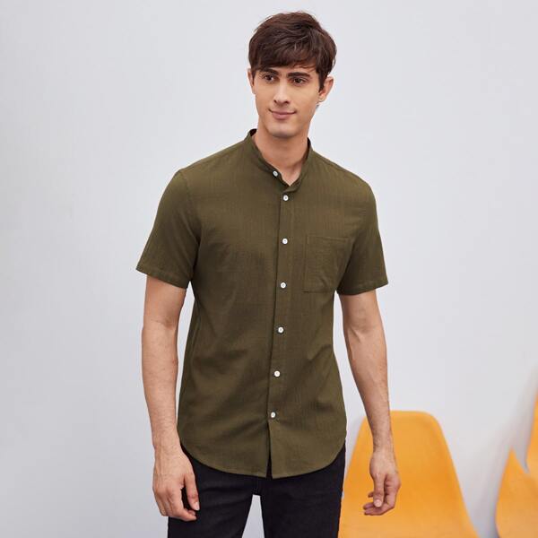 

Men Button Up Pocket Patched Shirt, Olive green