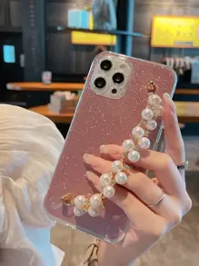 Faux Pearl Hand Strap Glitter Phone Case - Pink - View 1