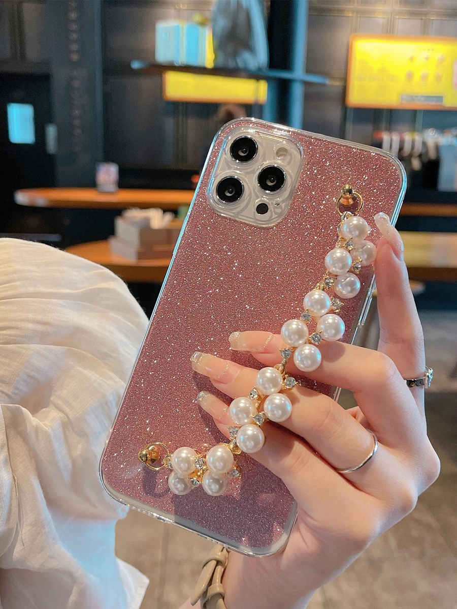 Faux Pearl Hand Strap Glitter Phone Case - Pink - View 1