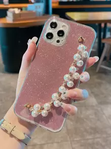 Faux Pearl Hand Strap Glitter Phone Case - Pink - View 2