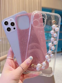 Faux Pearl Hand Strap Glitter Phone Case - Pink - View 3