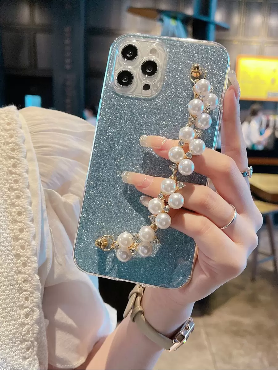 Glitter Faux Pearl Hand Strap Phone Case - Blue - View 1