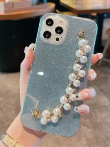 Glitter Faux Pearl Hand Strap Phone Case - Blue - View 2
