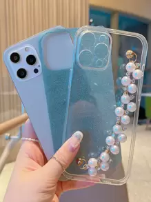 Glitter Faux Pearl Hand Strap Phone Case - Blue - View 3
